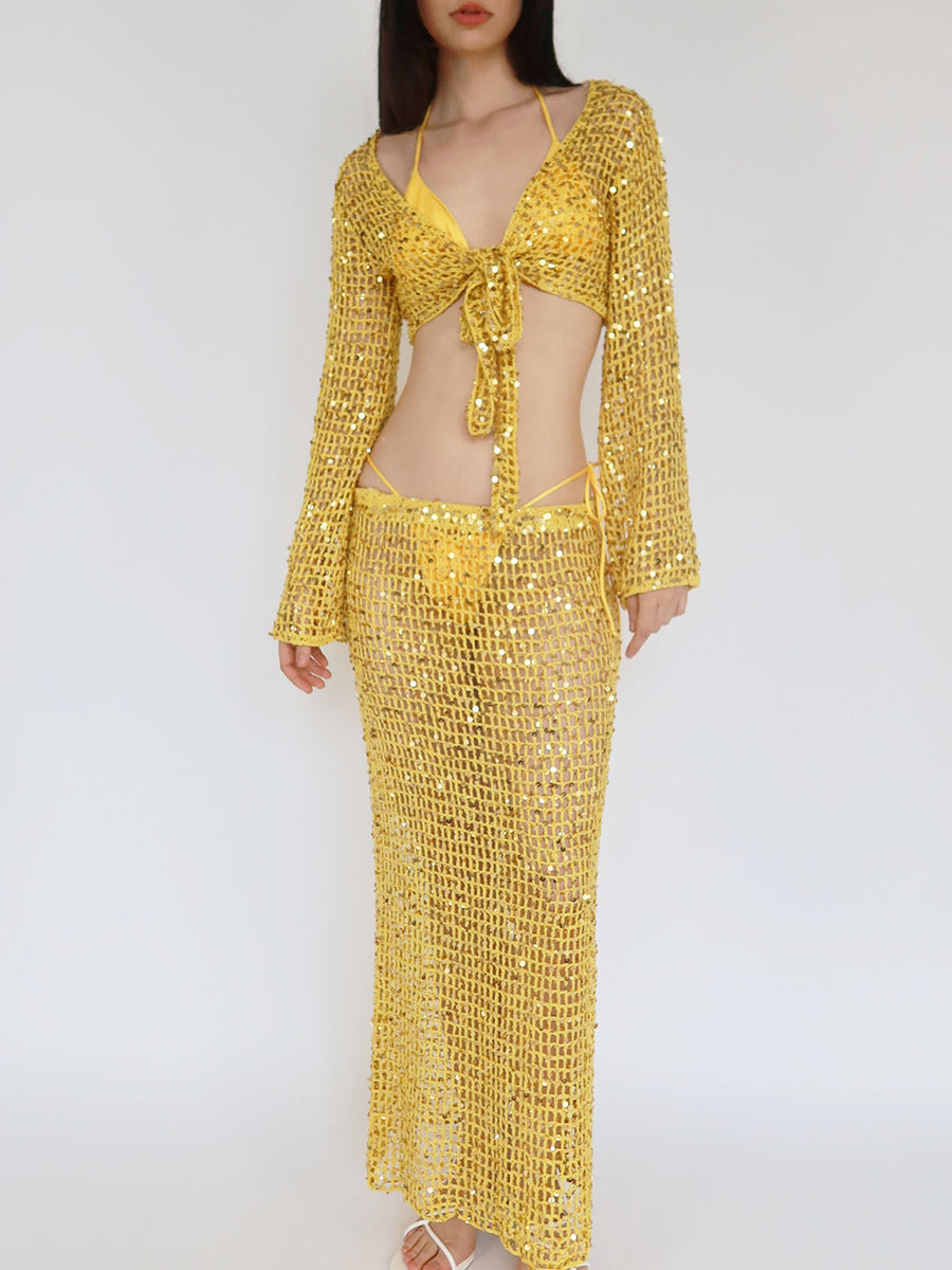 Gisele Hand Crocheted Sequin Maxi Skirt - Yellow Sequin